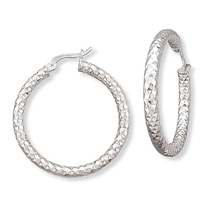 Diamond cut Rhodium-plated 28mm Sterling Hoop